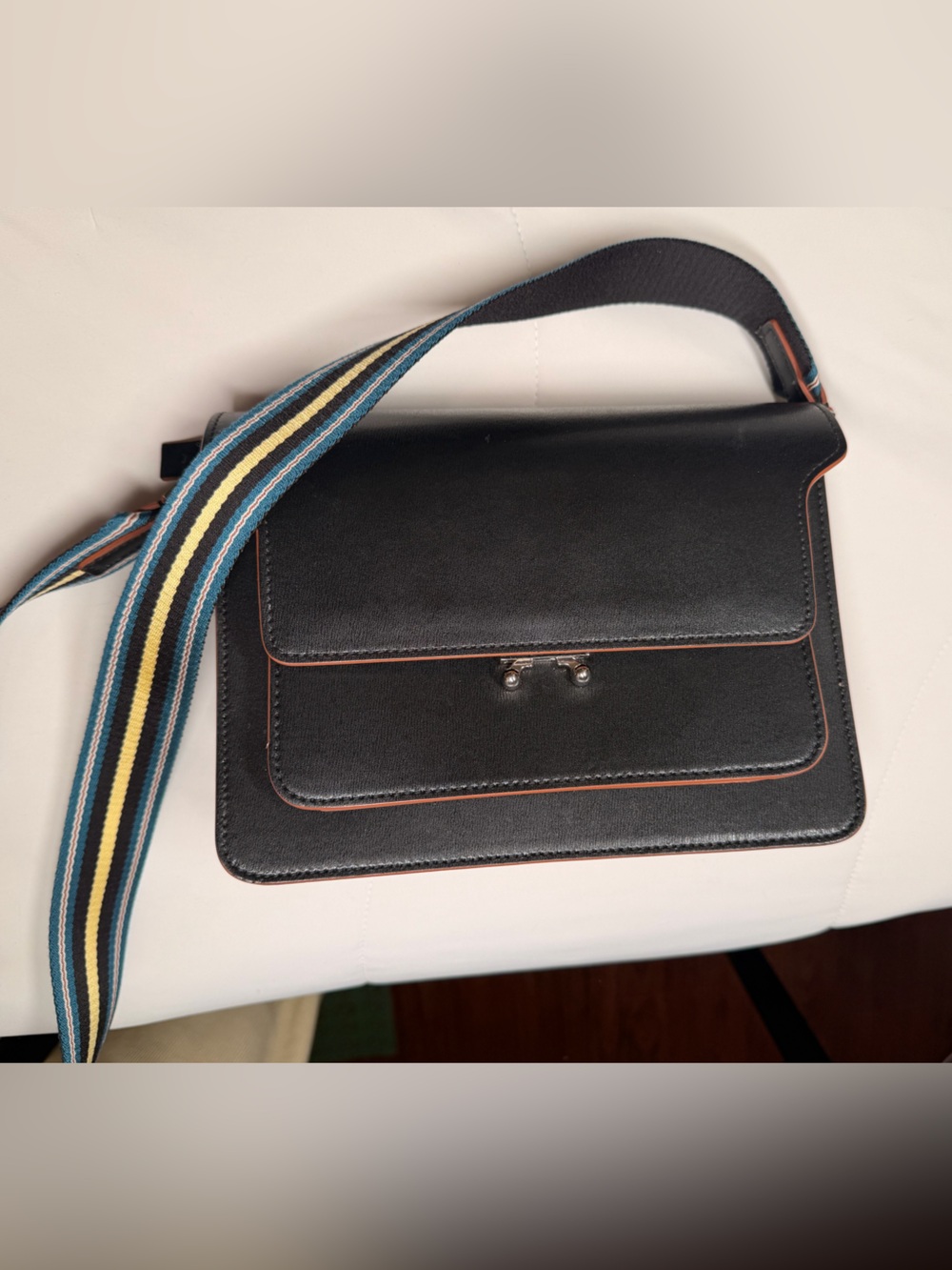 Marni Black Leather Crossbody Bag with Striped Strap